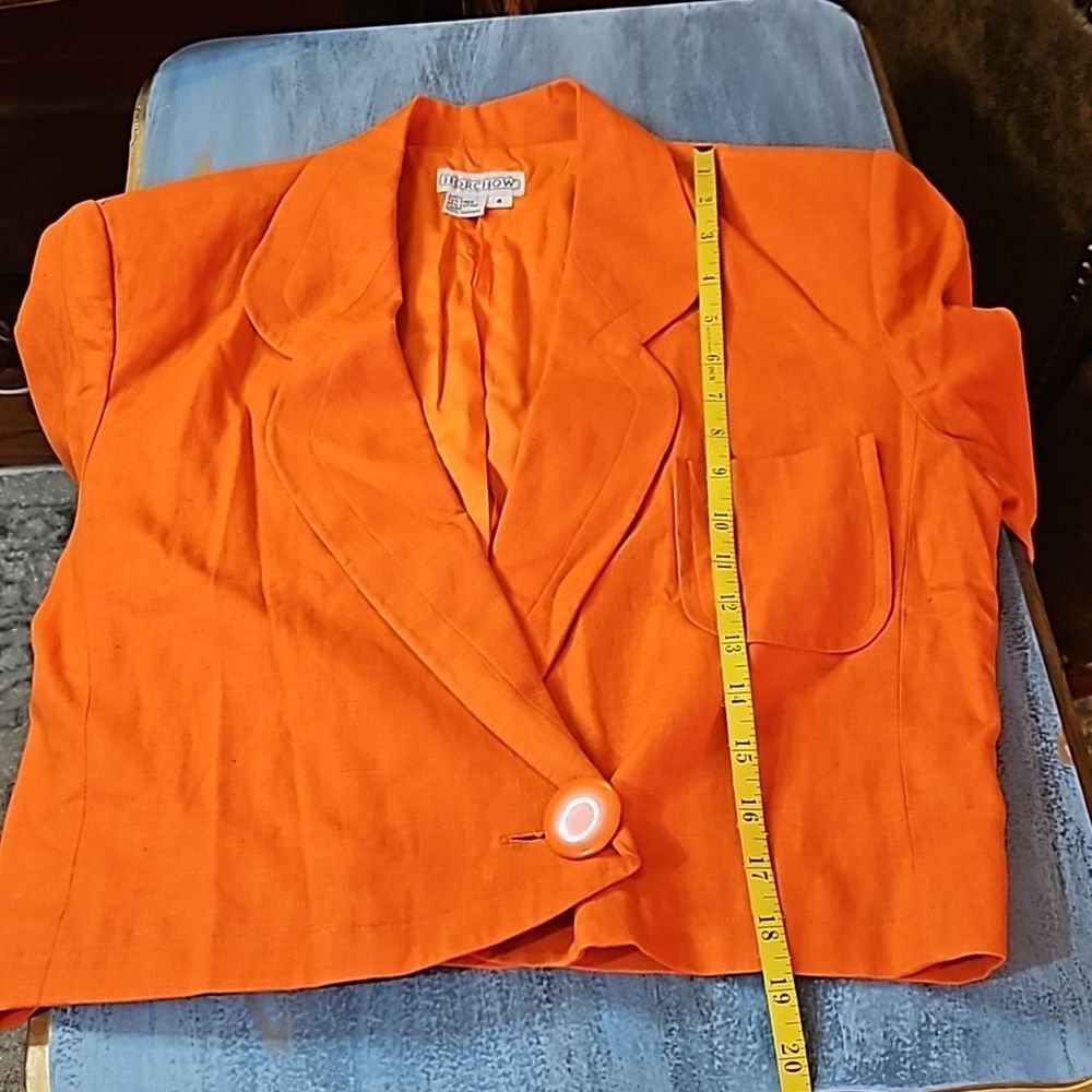Horchow 100% Linen Orange Cropped Jacket Blazer Size 4 Single Button - Picture 11 of 11